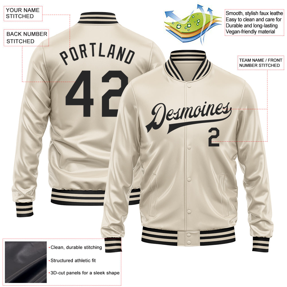 Custom Cream Black Bomber Full-Snap Varsity Faux Leather Letterman Jacket