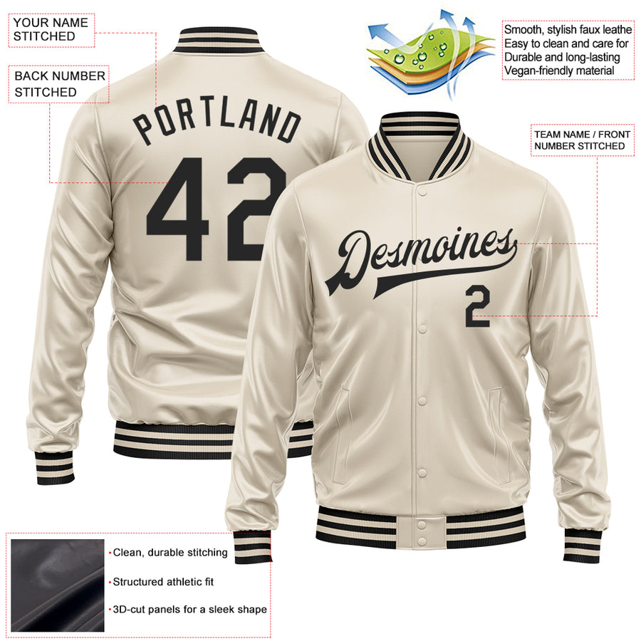 Custom Cream Black Bomber Full-Snap Varsity Faux Leather Letterman Jacket