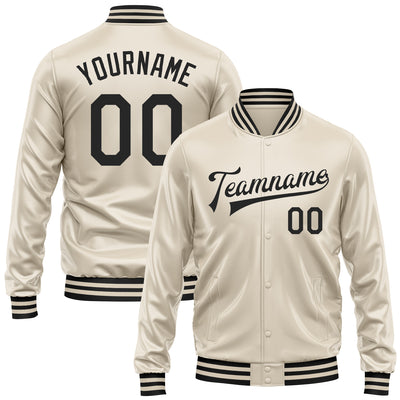 Custom Cream Black Bomber Full-Snap Varsity Faux Leather Letterman Jacket
