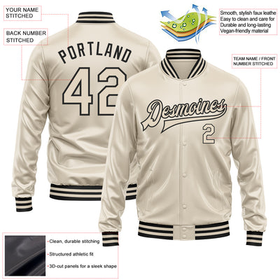 Custom Cream Cream-Black Bomber Full-Snap Varsity Faux Leather Letterman Jacket