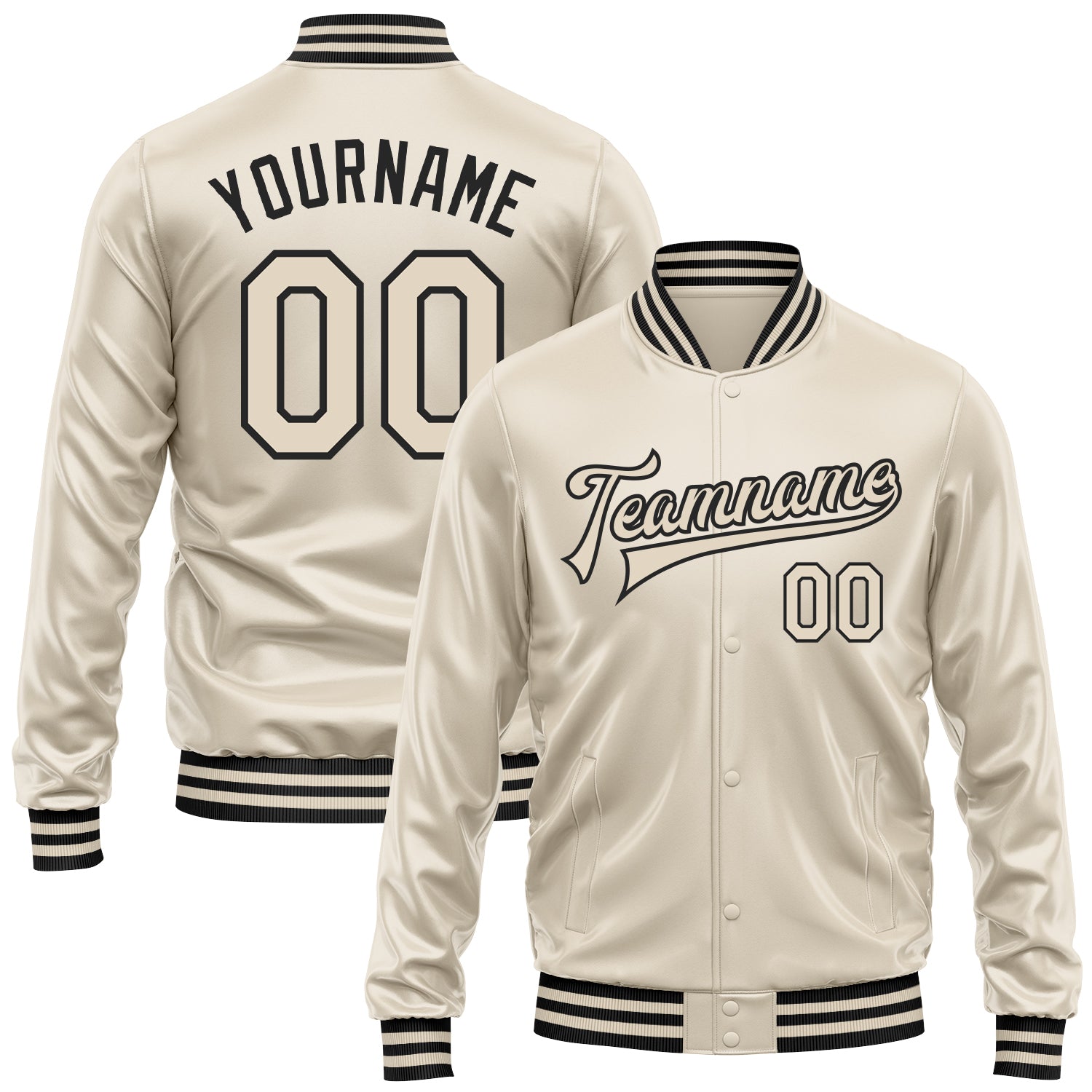 Custom Cream Cream-Black Bomber Full-Snap Varsity Faux Leather Letterman Jacket