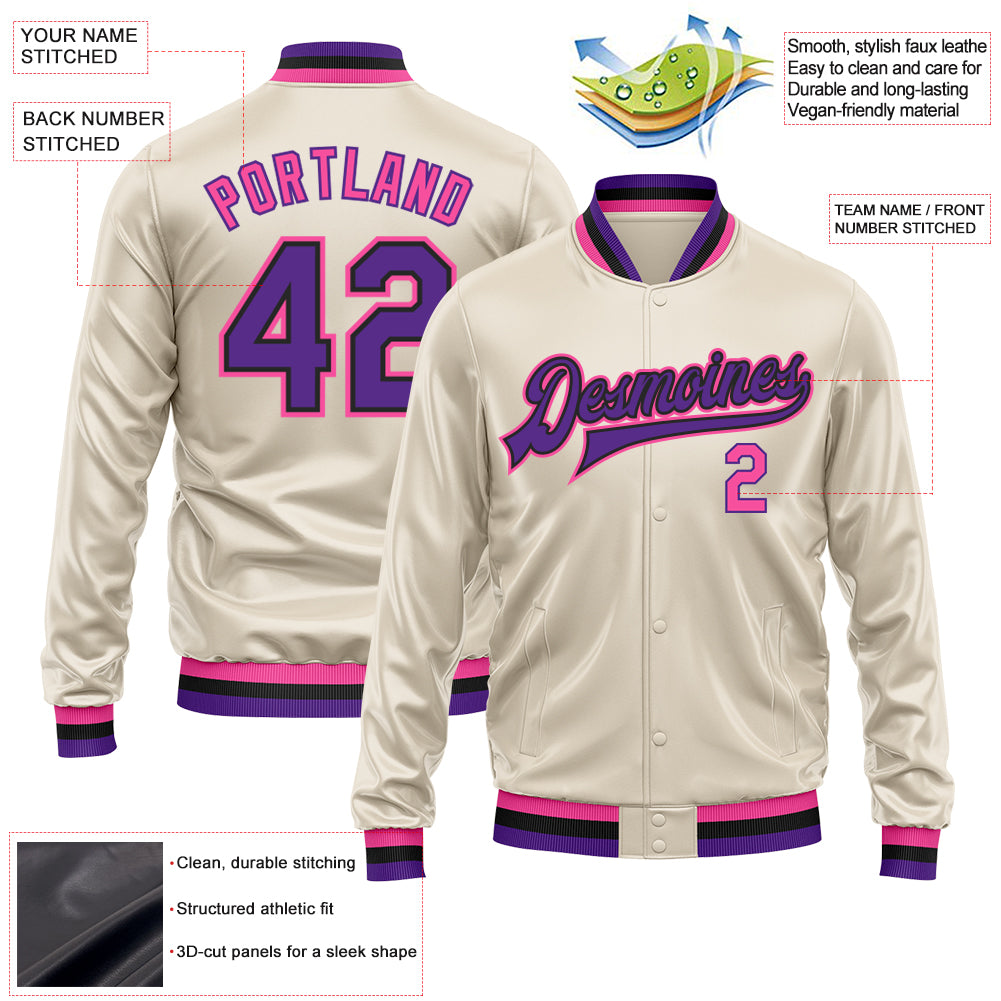 Custom Cream Purple Pink-Black Bomber Full-Snap Varsity Faux Leather Letterman Jacket