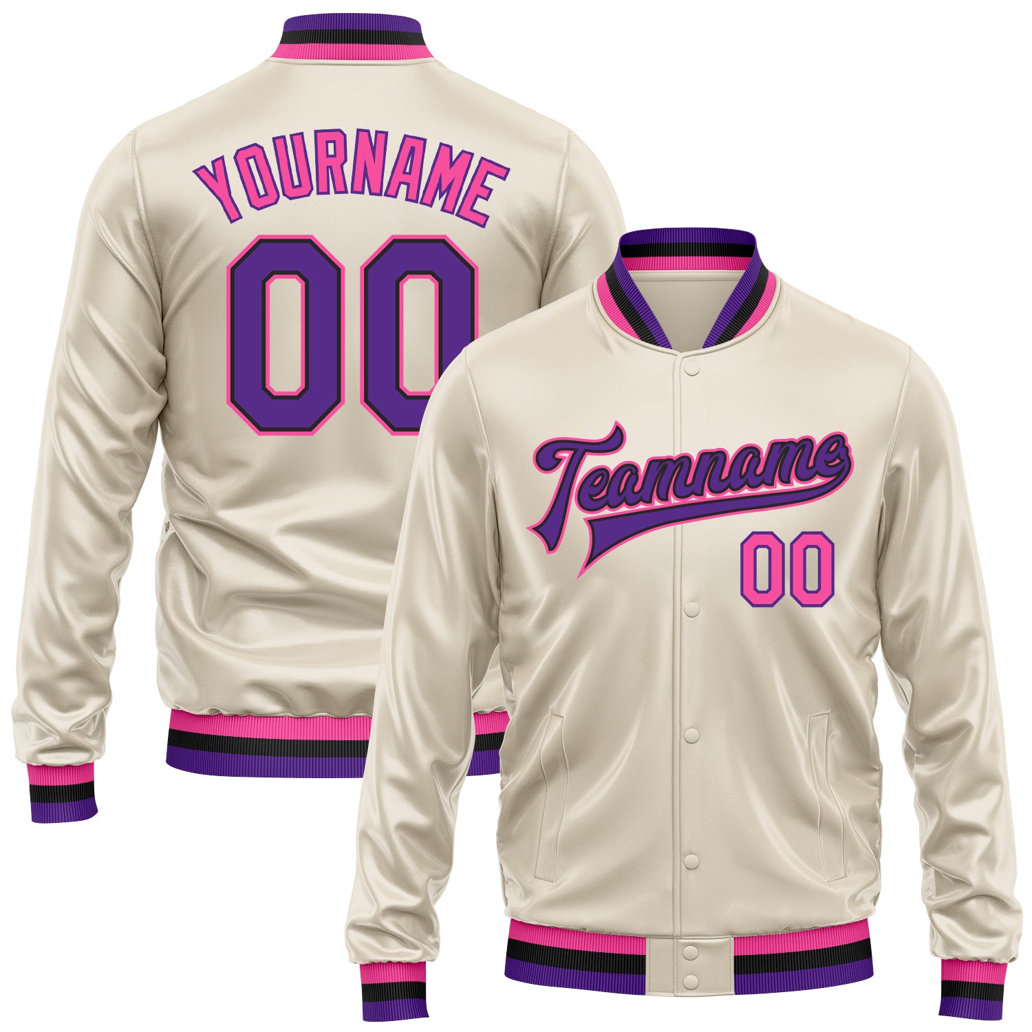 Custom Cream Purple Pink-Black Bomber Full-Snap Varsity Faux Leather Letterman Jacket