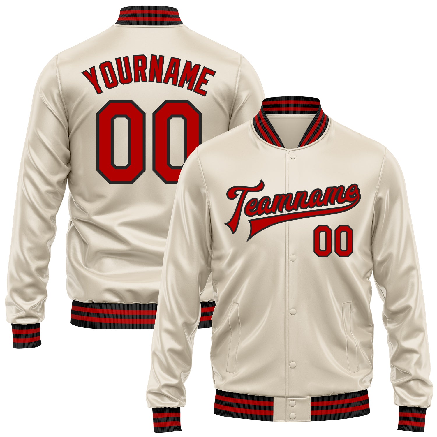 Custom Cream Red-Black Bomber Full-Snap Varsity Faux Leather Letterman Jacket
