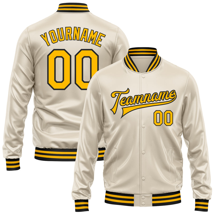 Custom Cream Gold-Black Bomber Full-Snap Varsity Faux Leather Letterman Jacket