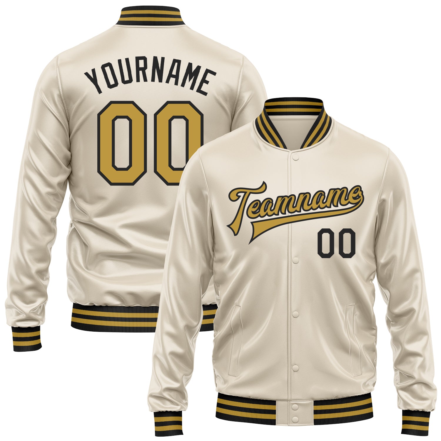 Custom Cream Old Gold-Black Bomber Full-Snap Varsity Faux Leather Letterman Jacket