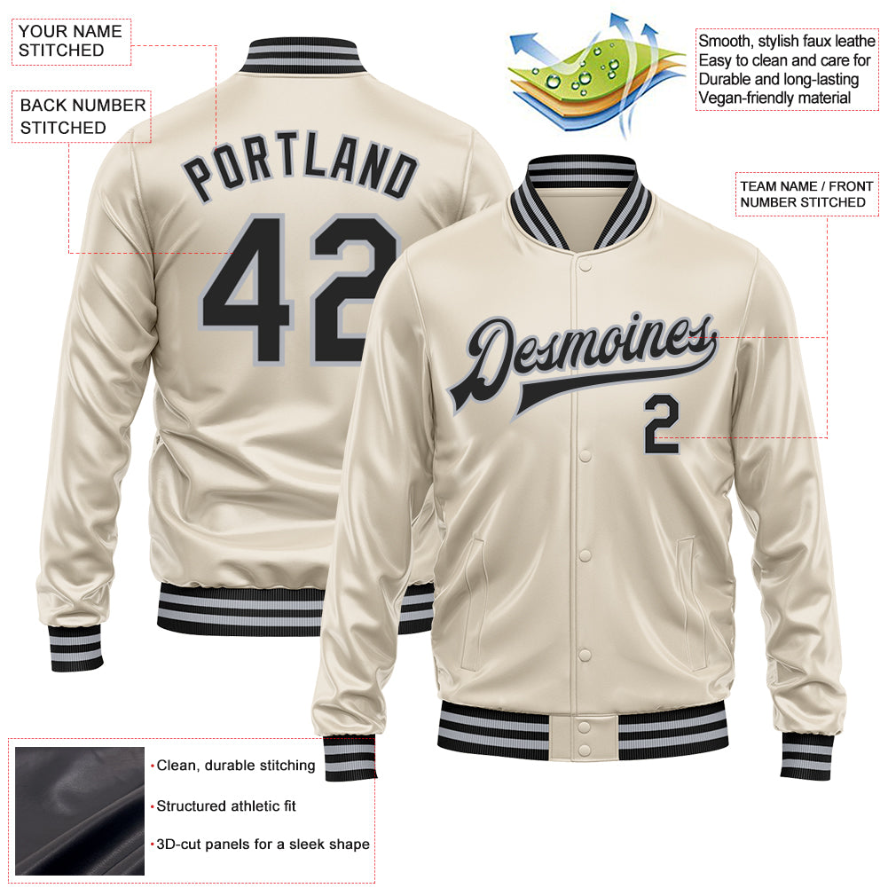 Custom Cream Black-Gray Bomber Full-Snap Varsity Faux Leather Letterman Jacket