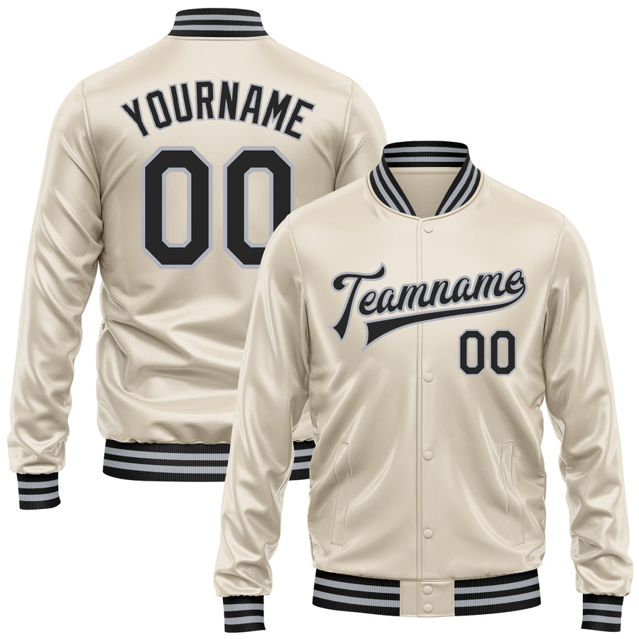 Custom Cream Black-Gray Bomber Full-Snap Varsity Faux Leather Letterman Jacket