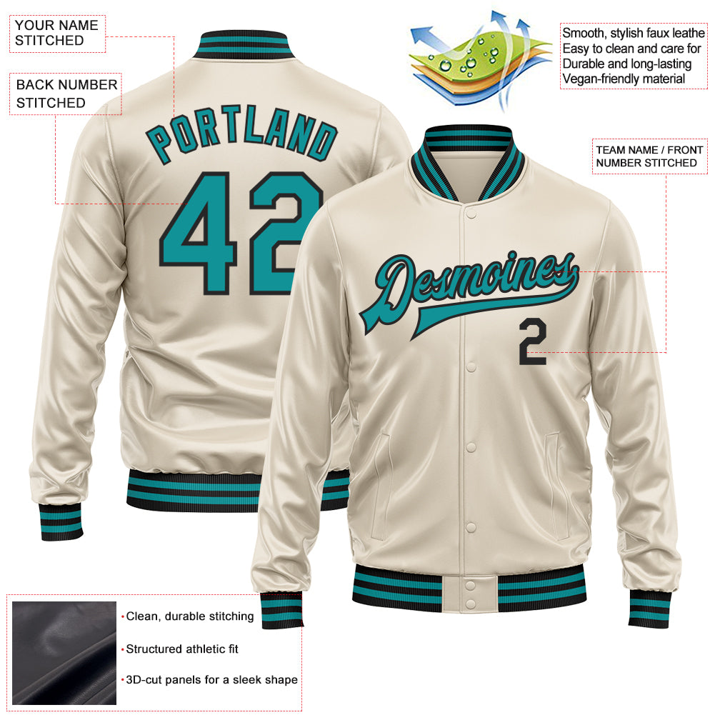 Custom Cream Teal-Black Bomber Full-Snap Varsity Faux Leather Letterman Jacket