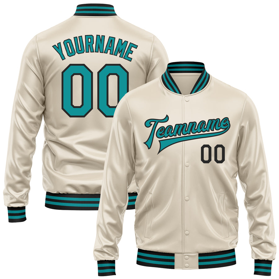 Custom Cream Teal-Black Bomber Full-Snap Varsity Faux Leather Letterman Jacket
