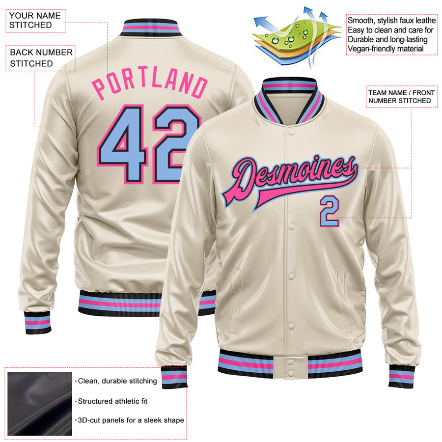 Custom Cream Light Blue Pink-Black Bomber Full-Snap Varsity Faux Leather Letterman Jacket
