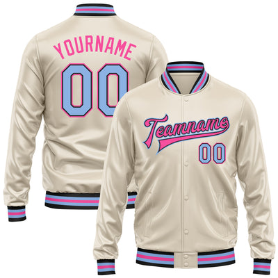 Custom Cream Light Blue Pink-Black Bomber Full-Snap Varsity Faux Leather Letterman Jacket
