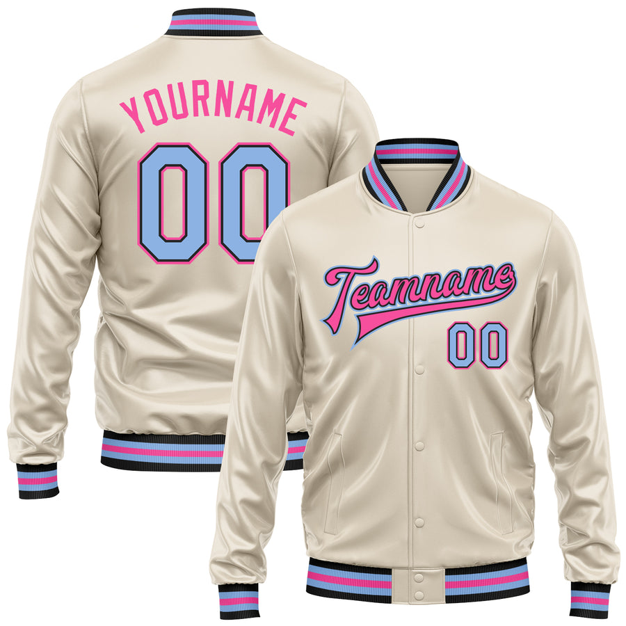 Custom Cream Light Blue Pink-Black Bomber Full-Snap Varsity Faux Leather Letterman Jacket