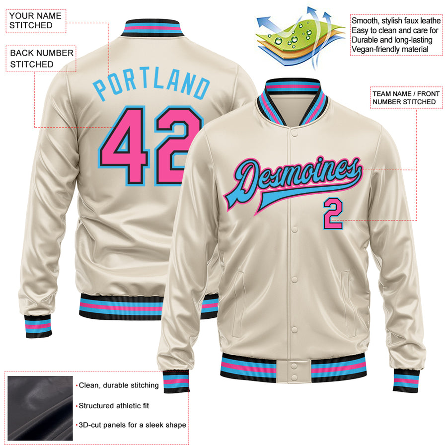 Custom Cream Pink Sky Blue-Black Bomber Full-Snap Varsity Faux Leather Letterman Jacket