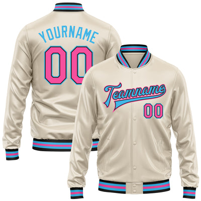 Custom Cream Pink Sky Blue-Black Bomber Full-Snap Varsity Faux Leather Letterman Jacket