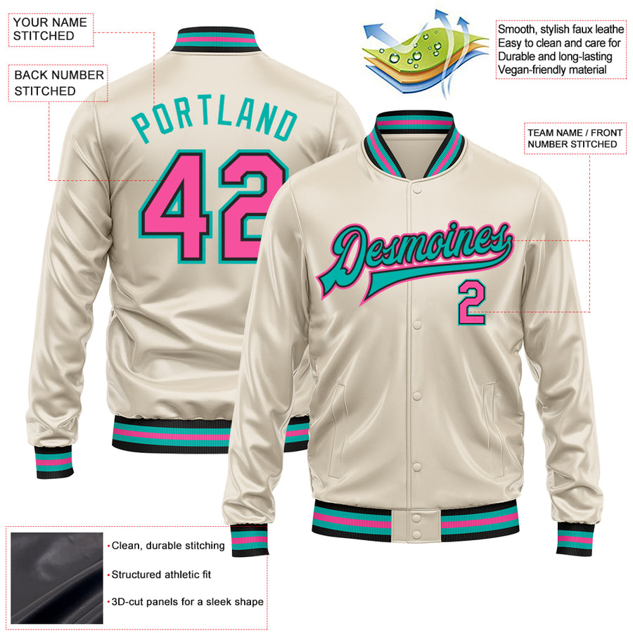 Custom Cream Pink Aqua-Black Bomber Full-Snap Varsity Faux Leather Letterman Jacket