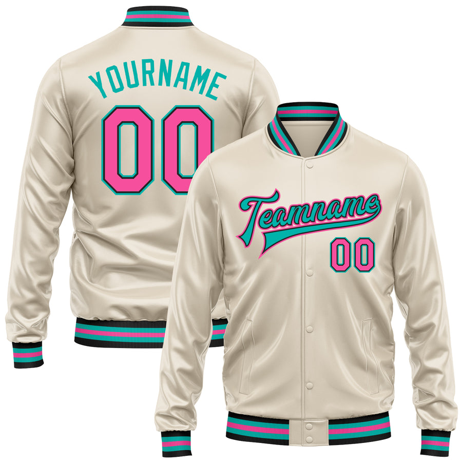 Custom Cream Pink Aqua-Black Bomber Full-Snap Varsity Faux Leather Letterman Jacket