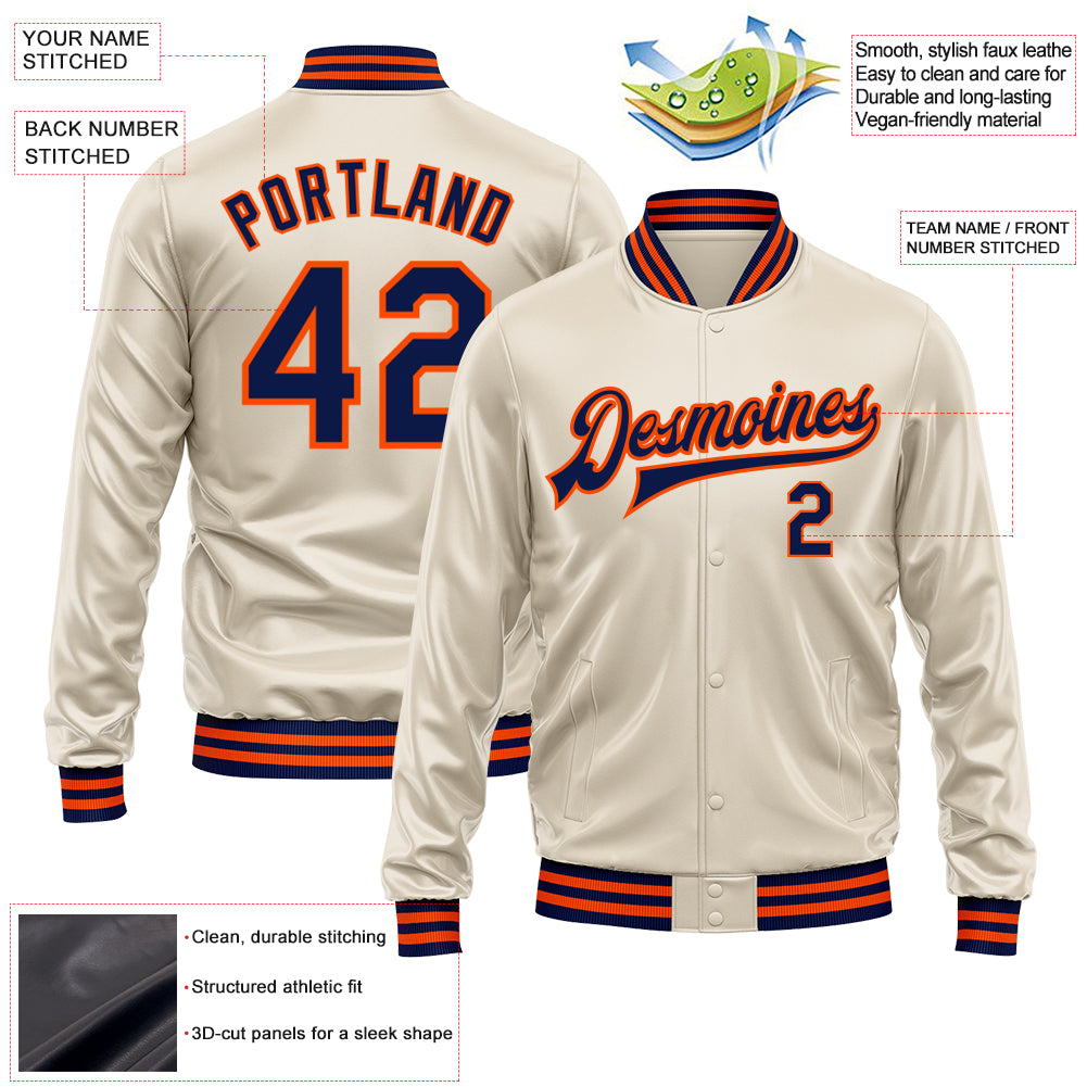 Custom Cream Navy-Orange Bomber Full-Snap Varsity Faux Leather Letterman Jacket