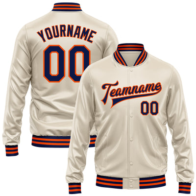 Custom Cream Navy-Orange Bomber Full-Snap Varsity Faux Leather Letterman Jacket