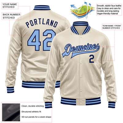 Custom Cream Light Blue-Navy Bomber Full-Snap Varsity Faux Leather Letterman Jacket