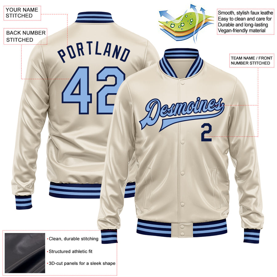 Custom Cream Light Blue-Navy Bomber Full-Snap Varsity Faux Leather Letterman Jacket