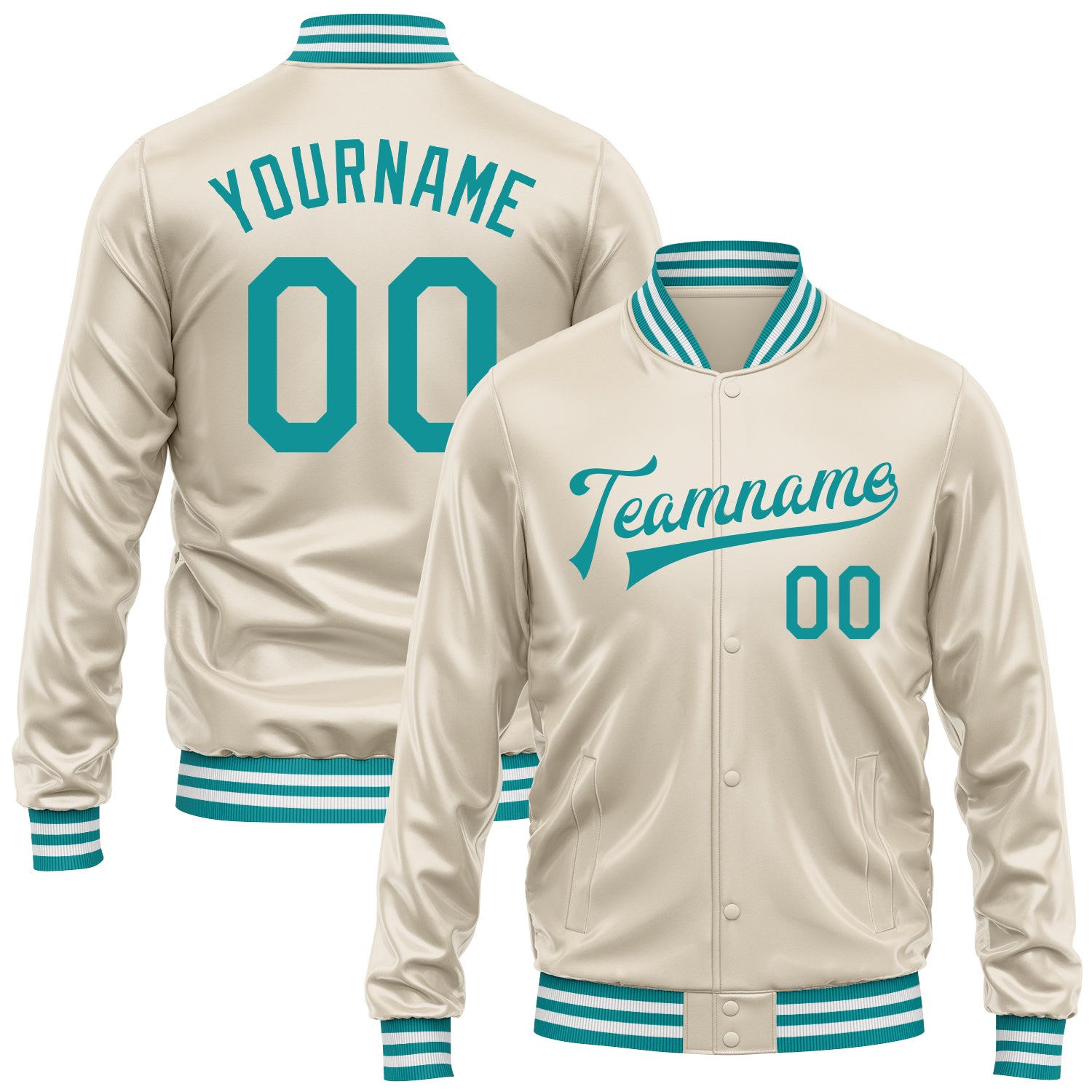Custom Cream Teal Bomber Full-Snap Varsity Faux Leather Letterman Jacket