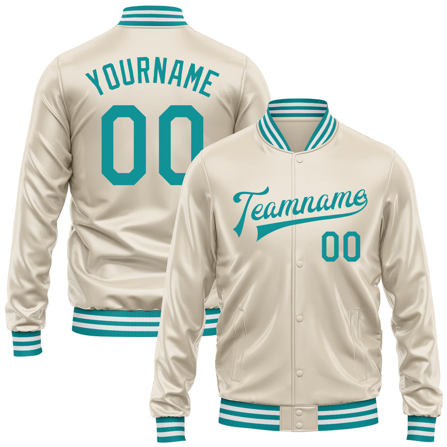Custom Cream Teal Bomber Full-Snap Varsity Faux Leather Letterman Jacket