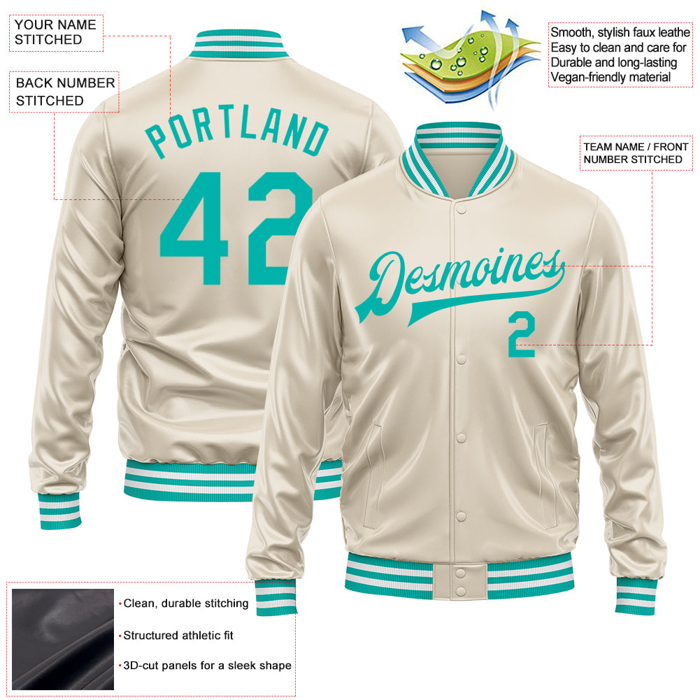 Custom Cream Aqua Bomber Full-Snap Varsity Faux Leather Letterman Jacket