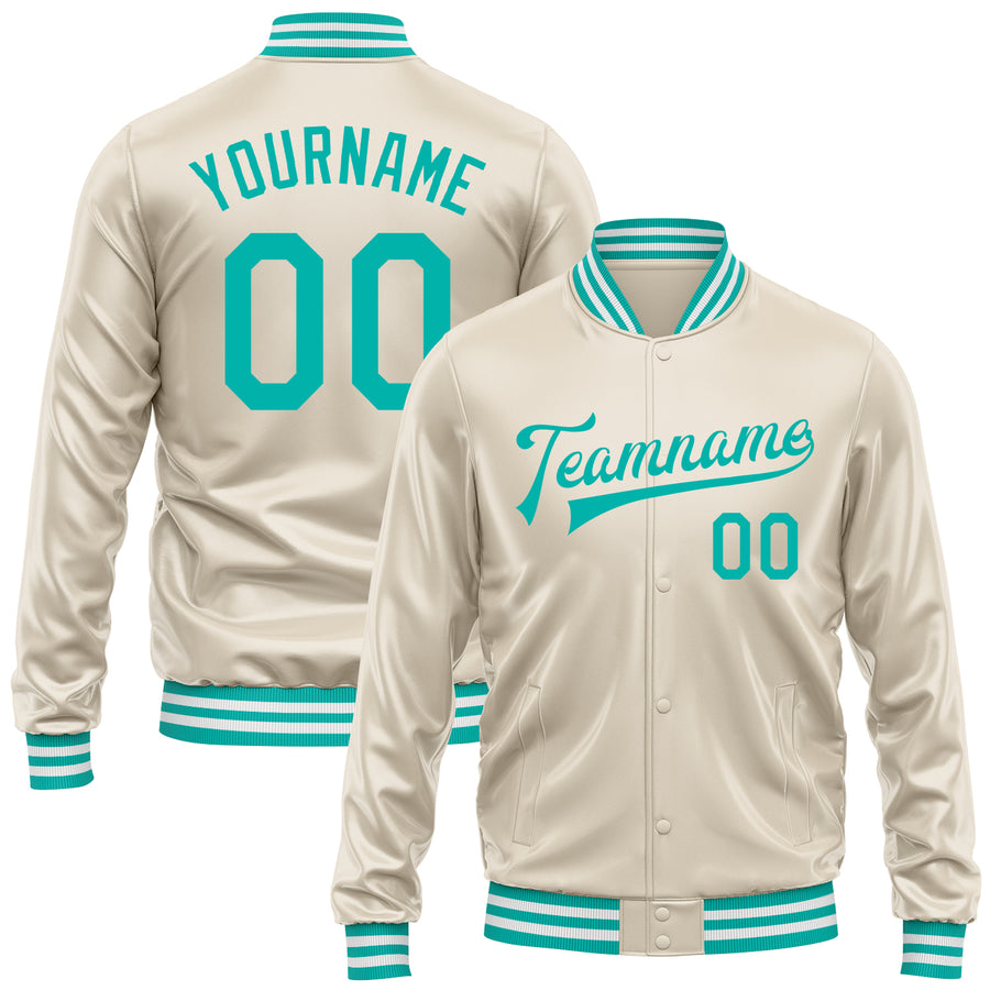 Custom Cream Aqua Bomber Full-Snap Varsity Faux Leather Letterman Jacket
