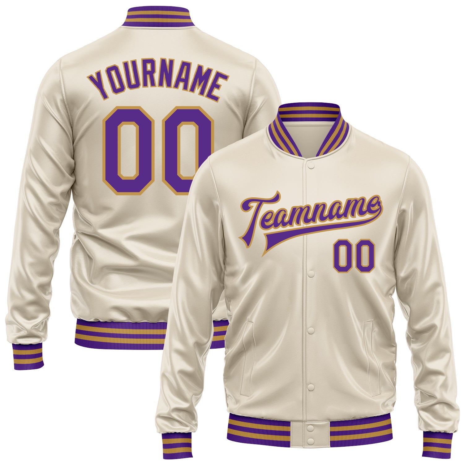 Custom Cream Purple-Old Gold Bomber Full-Snap Varsity Faux Leather Letterman Jacket