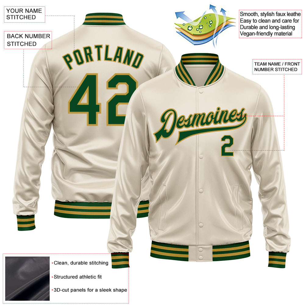 Custom Cream Green-Old Gold Bomber Full-Snap Varsity Faux Leather Letterman Jacket
