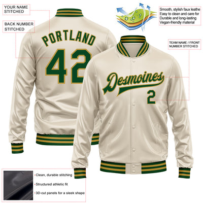 Custom Cream Green-Old Gold Bomber Full-Snap Varsity Faux Leather Letterman Jacket