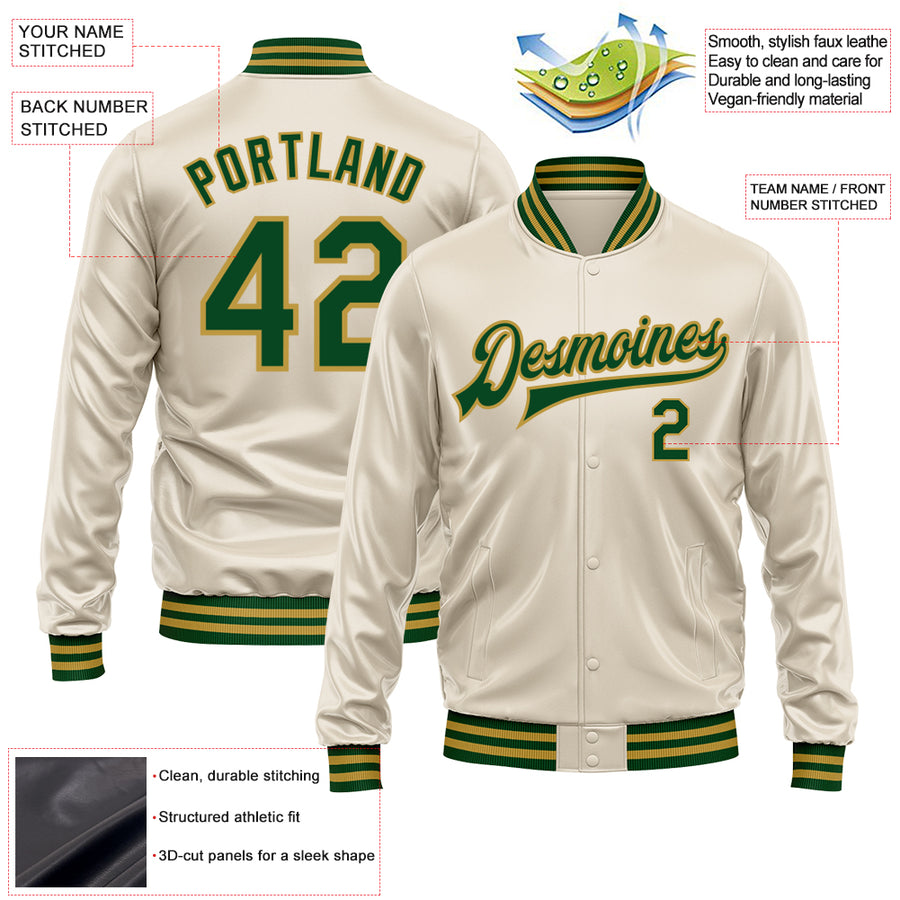 Custom Cream Green-Old Gold Bomber Full-Snap Varsity Faux Leather Letterman Jacket