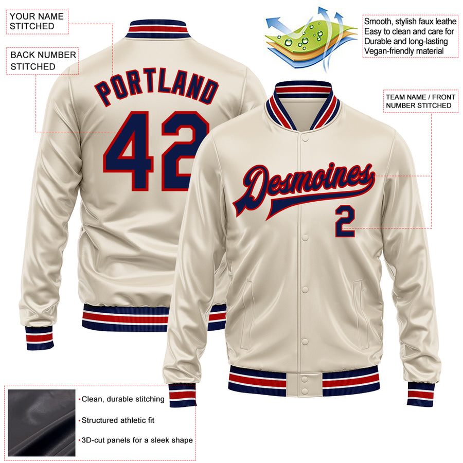 Custom Cream Navy-Red Bomber Full-Snap Varsity Faux Leather Letterman Jacket