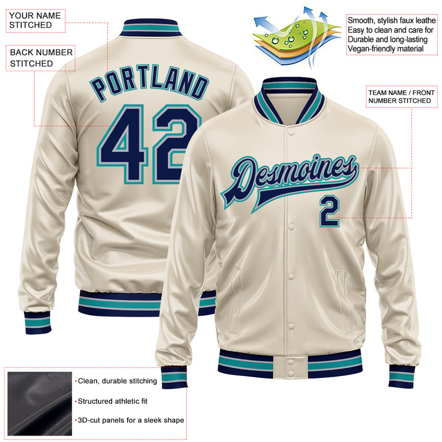 Custom Cream Navy Teal-Gray Bomber Full-Snap Varsity Faux Leather Letterman Jacket