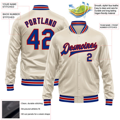 Custom Cream Royal-Red Bomber Full-Snap Varsity Faux Leather Letterman Jacket