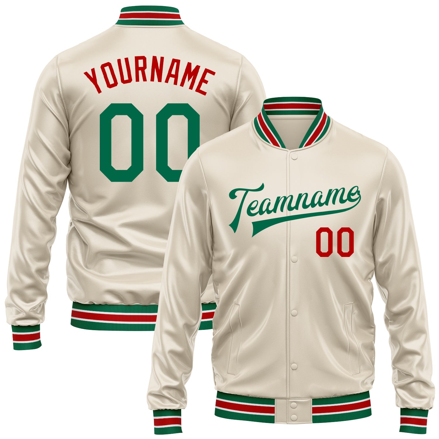 Custom Cream Kelly Green-Red Bomber Full-Snap Varsity Faux Leather Letterman Jacket