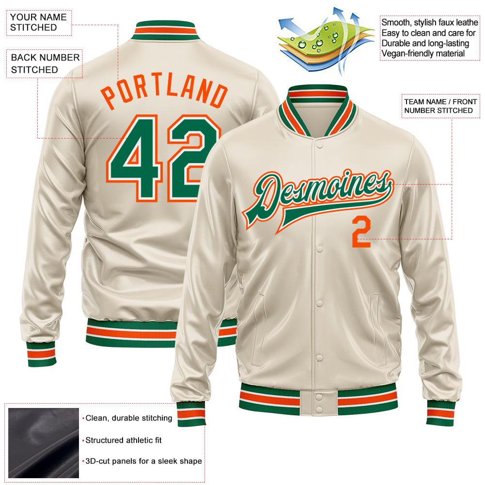 Custom Cream Kelly Green-Orange Bomber Full-Snap Varsity Faux Leather Letterman Jacket