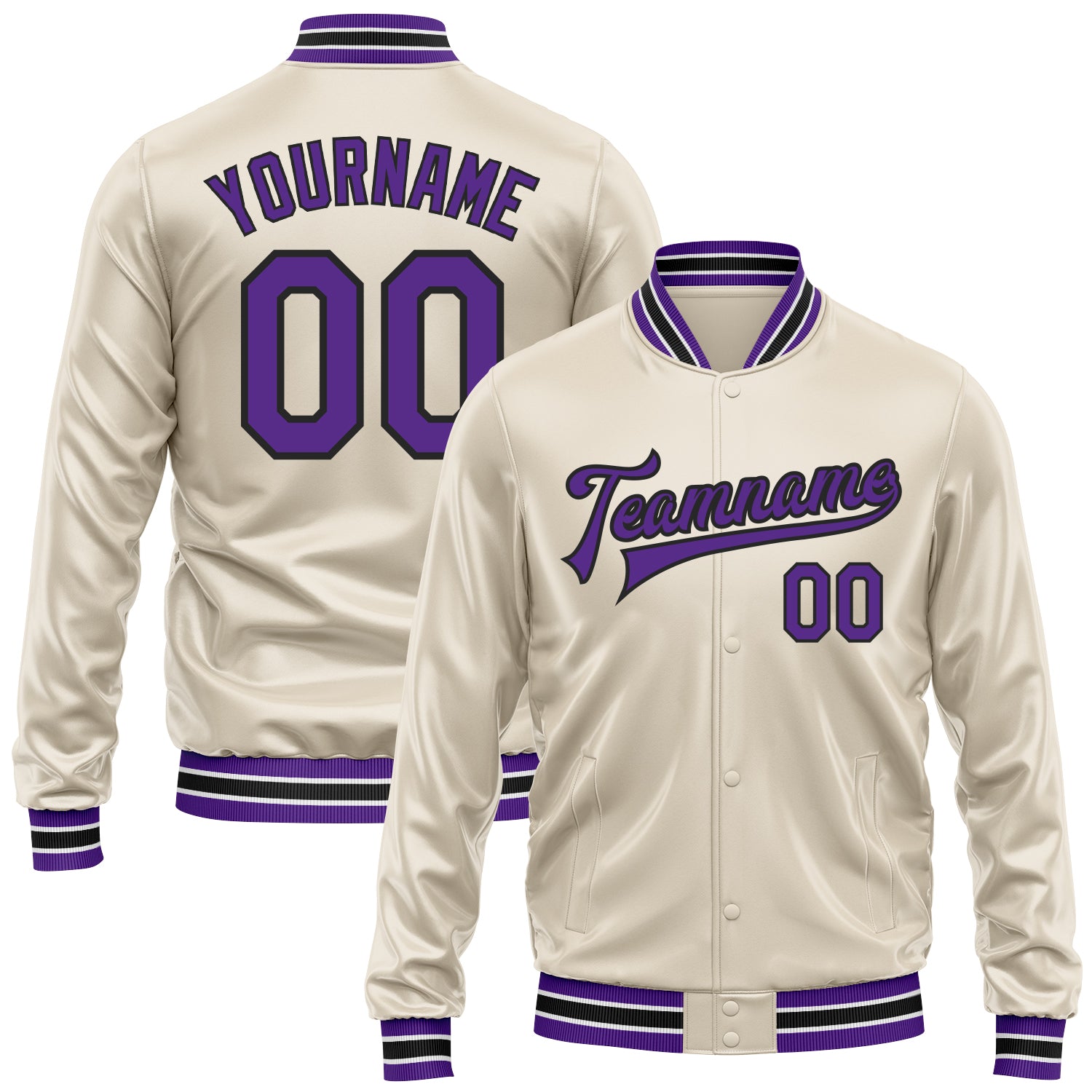 Custom Cream Purple-Black Bomber Full-Snap Varsity Faux Leather Letterman Jacket