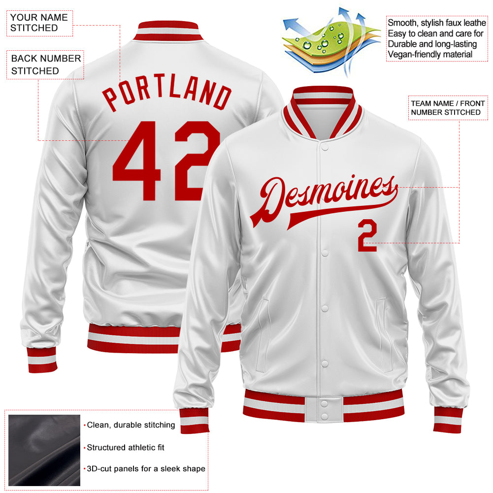 Custom White Red Bomber Full-Snap Varsity Faux Leather Letterman Jacket