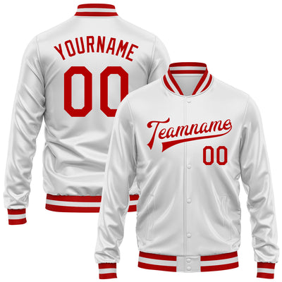 Custom White Red Bomber Full-Snap Varsity Faux Leather Letterman Jacket