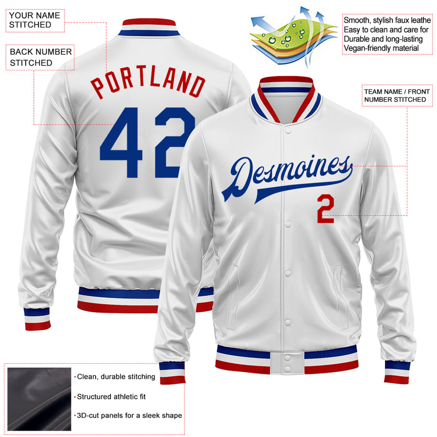 Custom White Royal-Red Bomber Full-Snap Varsity Faux Leather Letterman Jacket