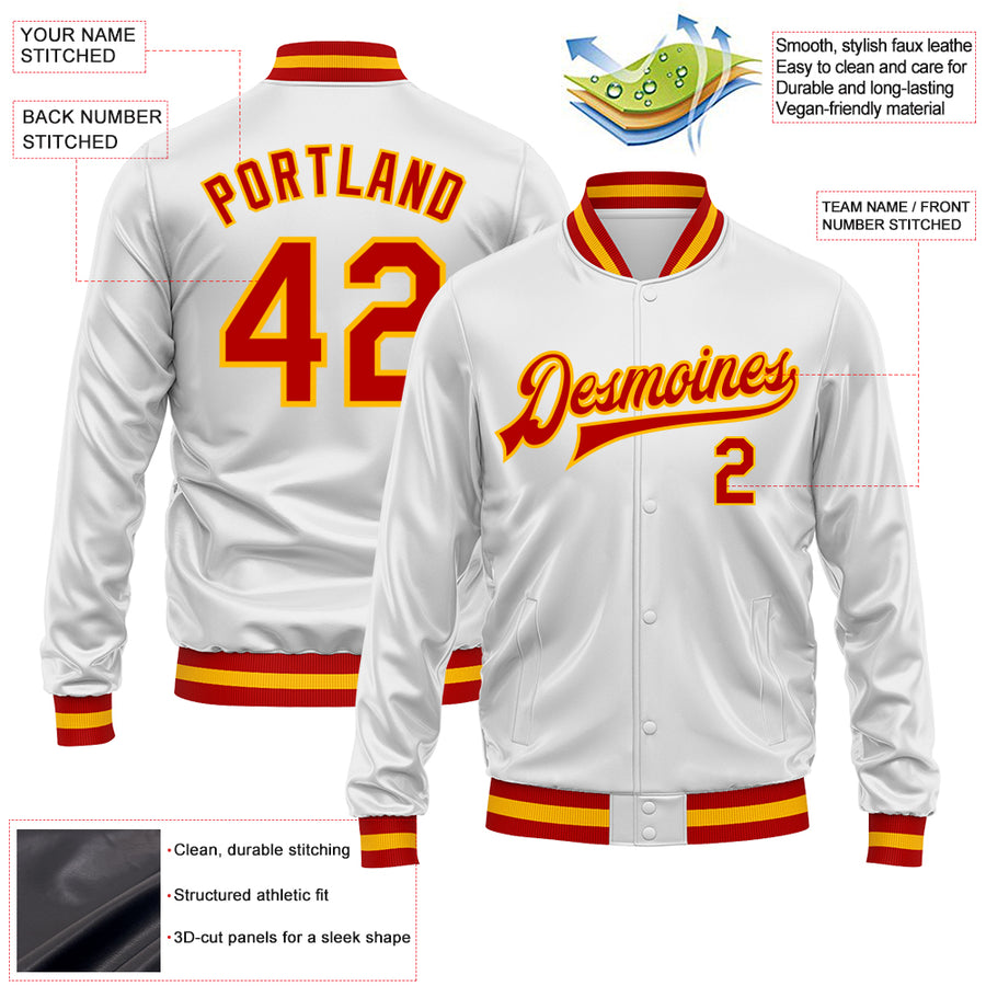 Custom White Red-Gold Bomber Full-Snap Varsity Faux Leather Letterman Jacket