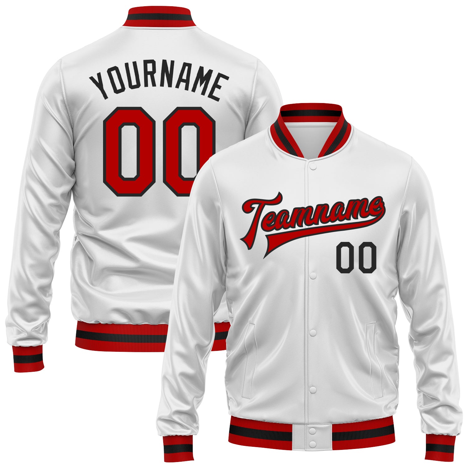 Custom White Red-Black Bomber Full-Snap Varsity Faux Leather Letterman Jacket