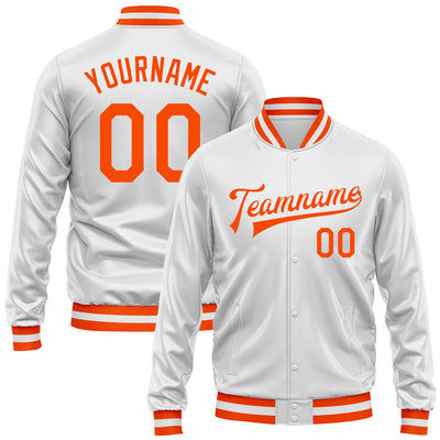 Custom White Orange Bomber Full-Snap Varsity Faux Leather Letterman Jacket