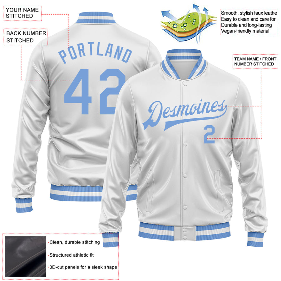 Custom White Light Blue Bomber Full-Snap Varsity Faux Leather Letterman Jacket