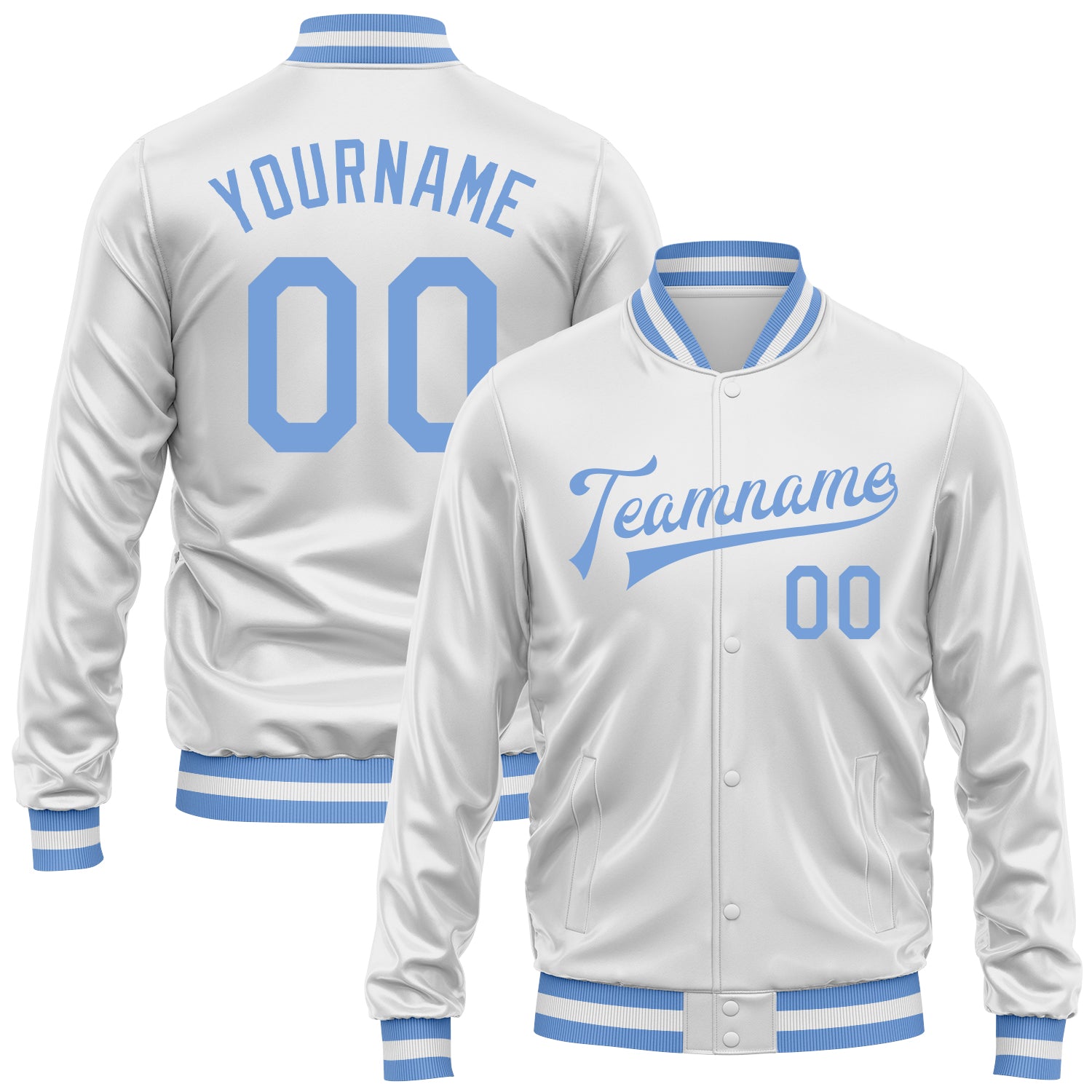 Custom White Light Blue Bomber Full-Snap Varsity Faux Leather Letterman Jacket