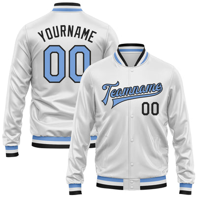 Custom White Light Blue-Black Bomber Full-Snap Varsity Faux Leather Letterman Jacket