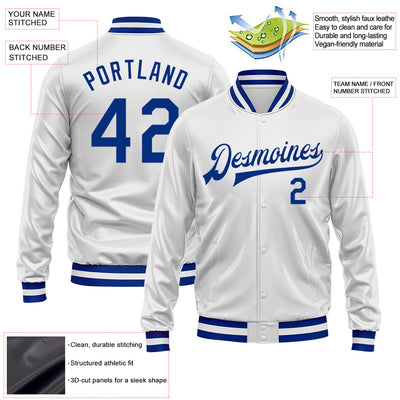 Custom White Royal Bomber Full-Snap Varsity Faux Leather Letterman Jacket