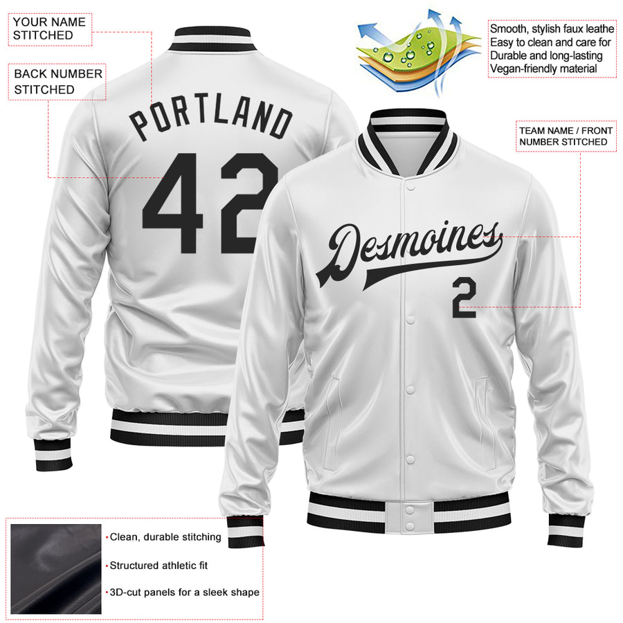Custom White Black Bomber Full-Snap Varsity Faux Leather Letterman Jacket